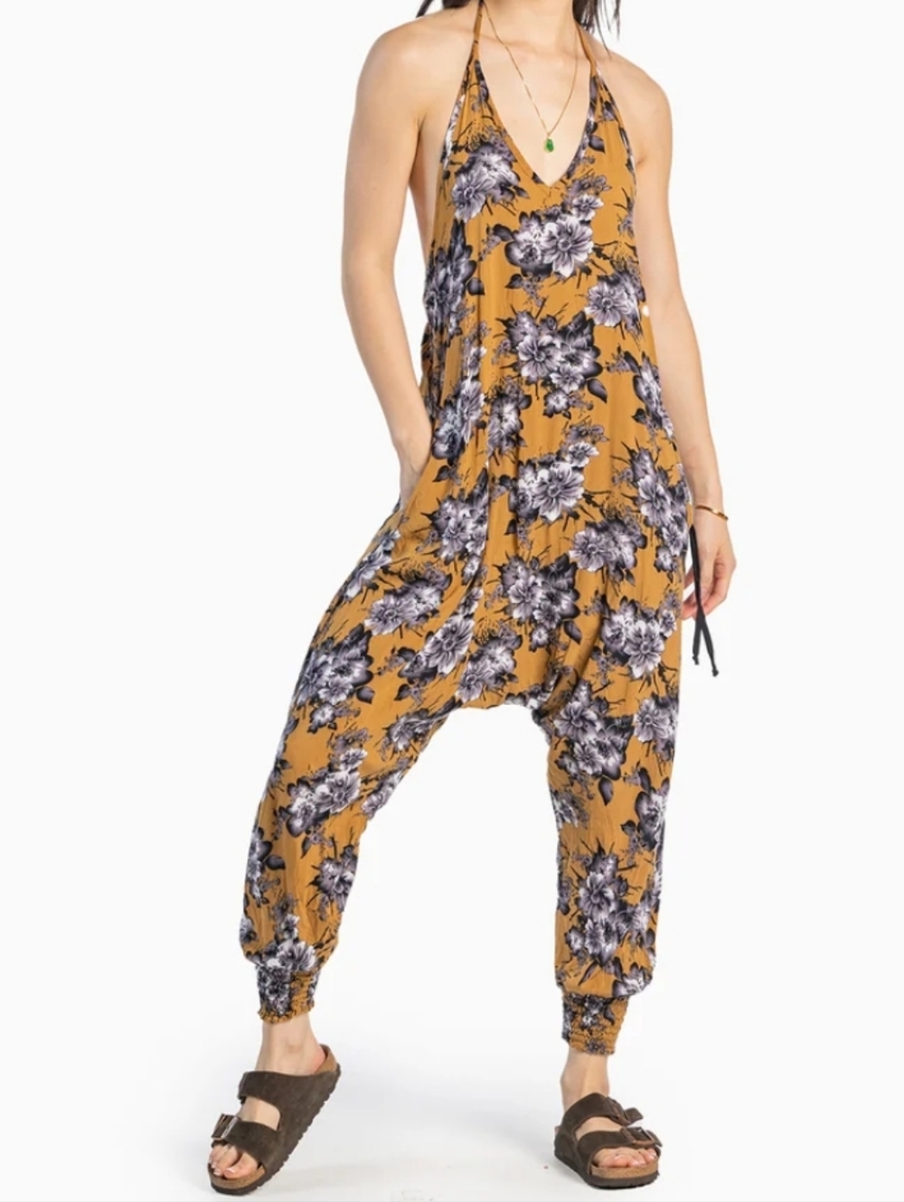 Floral Halter Harem Jumpsuit - Mustard